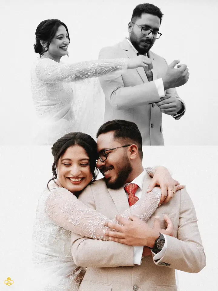 Abhijith & Chinnu: christian bride fixes the groom's cuff, then the two hold each other laughing